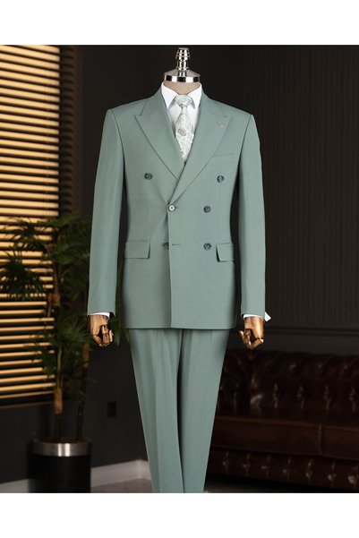 TerziAdemAltun Italian Style S Slim Fit K Double-Breasted Jacket Pants Suit Green T14858