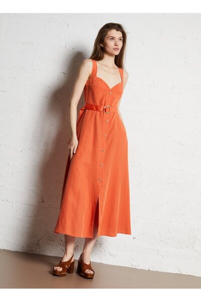 liu.jo Women's Linen Blend Buttoned Slit Strap Belt Detailed Long Orange Dress