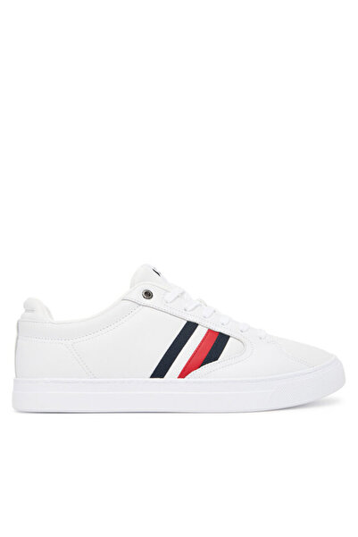 Tommy Hilfiger Ανδρικό λευκό δερμάτινο sneaker με λογότυπο σημαίας, επίπεδη κ...