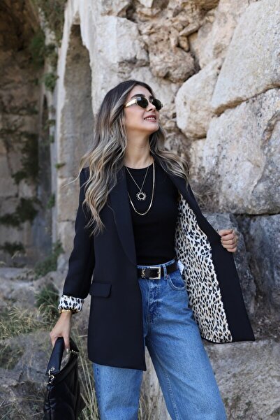 bytugcekaya Μαύρο σακάκι με γιακά με επένδυση λεοπάρ