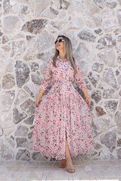 bytugcekaya Ανοιχτό ροζ φλοράλ φόρεμα πουκάμισο από σιφόν