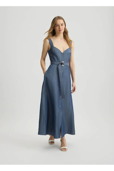 liu.jo Women's Linen Blend Buttoned Slit Strap Belt Detailed Long Blue Dress