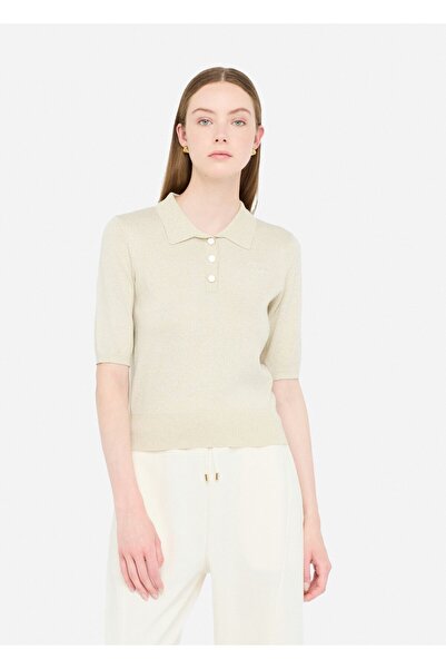 liu.jo Women's Regular Fit Polo Neck Short Sleeve Knitted Ecru Polo Neck T-Shirt