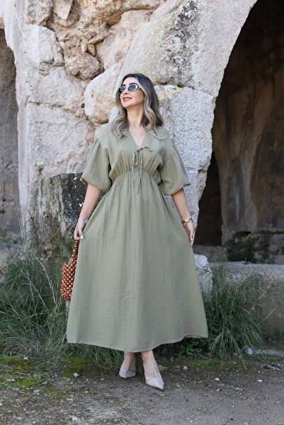 bytugcekaya Φόρεμα μουσελίνας με μανίκια χακί