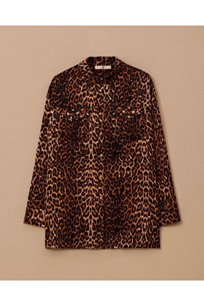 SEÇİL YENİ KADIN taş detaylı saten leopar gömlek 10002521511014
