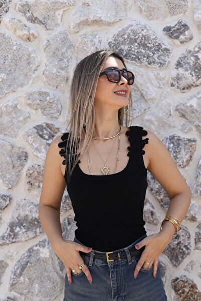 bytugcekaya Black Ribbed Tank Top with Lace Shoulders