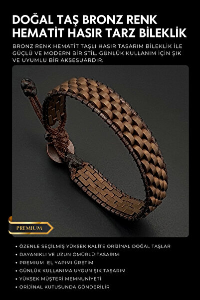Seven Art Jewelry Doğal Taş Bronz Renk Hematit Taşı Hasır Tarz Bileklik, Erke...