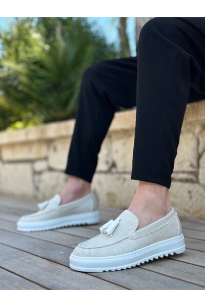 BOA BA0154 Ανδρικά παπούτσια με ψηλή σόλα χωρίς κορδόνια, λευκά λινά φούντα