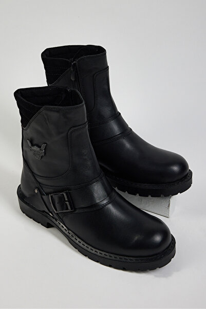 Tonny Black Men's Black Comfortable Fit Buckle Genuine Leather Zippered Boots