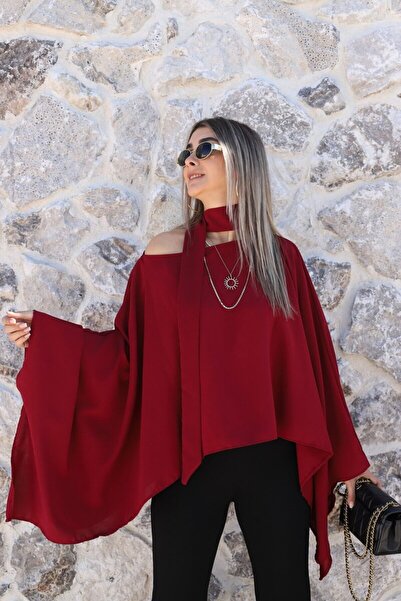 bytugcekaya Μπλούζα σε χρώμα μπορντό με σάλι και λεπτομέρεια στα μανίκια τύπο...