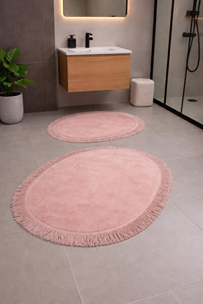 MK HOMETEKS Mk-hometeks Sade Oval Büyük Model Pudra Püsküllü 2’li Banyo Paspa...