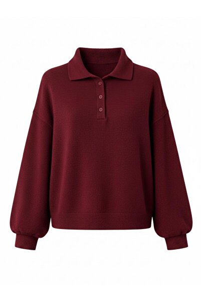 Retrobird Γυναικείο πουλόβερ με λαιμόκοψη Polo Basic Βουργουνδίας