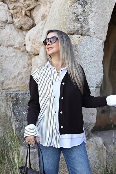 bytugcekaya Καφέ Πουκάμισο Στάνταρ Μέγεθος με Ριγέ Λεπτομέρεια Ζακέτα