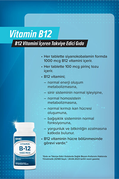 GNC GNC - Vitamin B12 1000 MCG - B12 Vitamini İçeren Takviye Edici Gıda - 100 Tablet