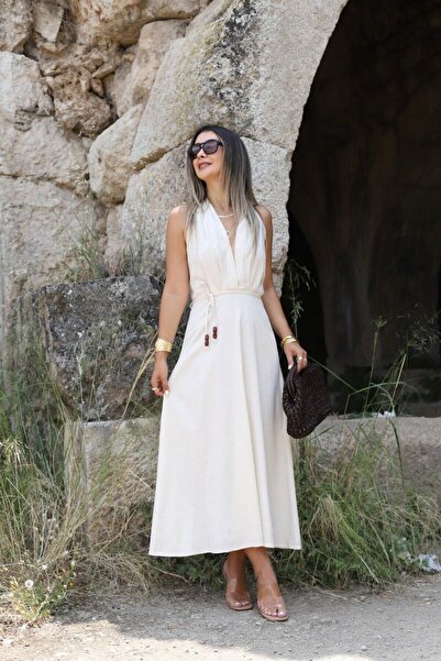 bytugcekaya Μπεζ λινό φόρεμα με λαιμόκοψη χωρίς πλάτη