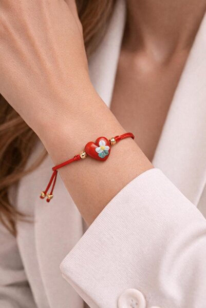 maycollection Murano Cam Kırmızı Kalp Kırmızı İp Bileklik