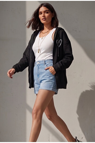 NO 601 Black Heart Printed Zippered Women's Cardigan - Winter