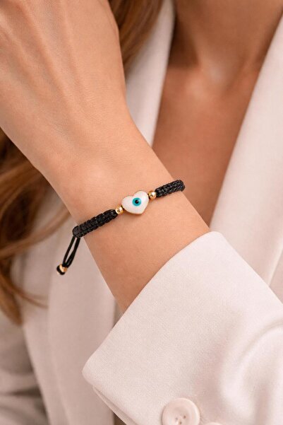 maycollection Pearl Color Enameled Little Gold Heart Black Flush Rope Design ...