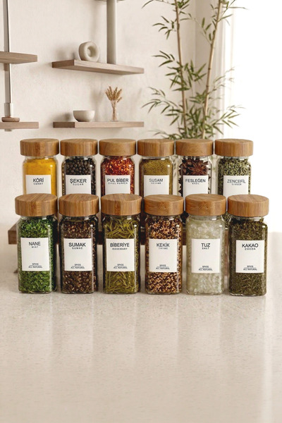 Kitchen Life 12’li Bambu Kapaklı Kare Cam Baharatlık Takımı / 40 Adet Etiket Hediyeli / 12 li Baharatlık Takımı