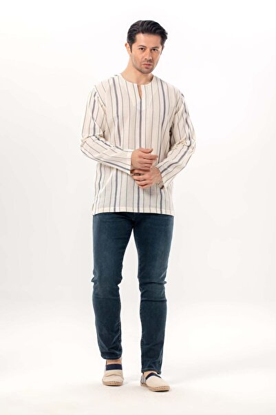 Eliş Şile Bezi Long Sleeve Şile Cloth Crew Neck Men's Summer Tshirt Ecru Gray...