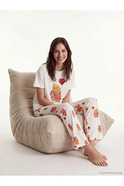 LC Waikiki Γυναικείο σετ πιτζάμες με στάμπα και λαιμόκοψη ποδηλάτου (S6)