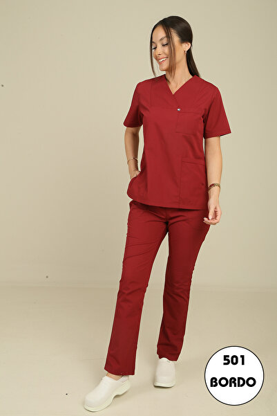 DENİZ İŞ Kadın Zarf Yaka Terycotton Scrubs Takım - Bordo