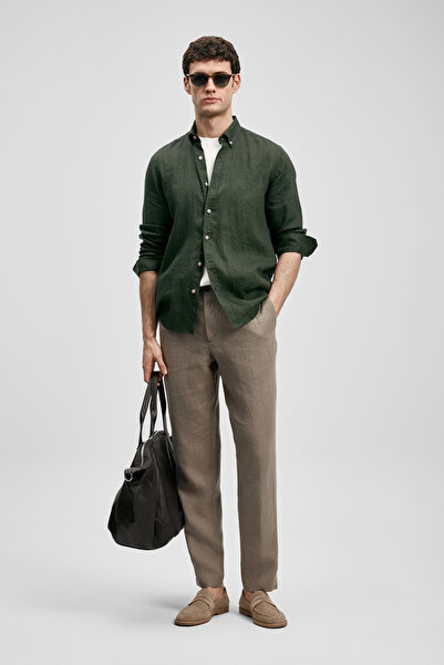 Lufian Ανδρικό πουκάμισο Pitaya Λινό Comfort Fit Σκούρο Πράσινο