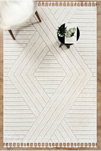 SANRUGS Home & Living Bukleli Yumuşak Peluş Post Krem Beyaz Oturma Odası Salo...