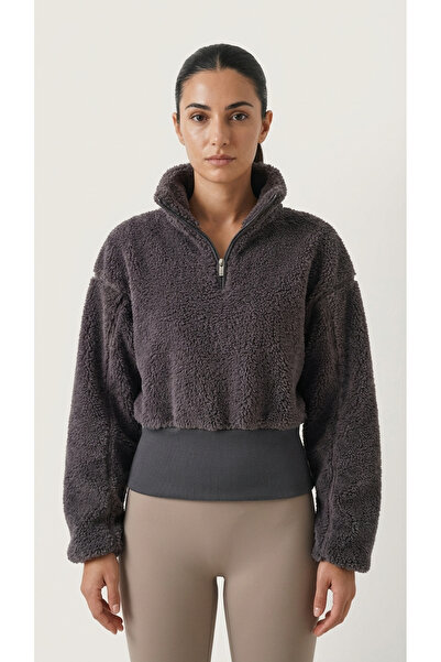 Kadın Suni Yün Peluş Yarım Fermuarlı Yaka Sweatshirt