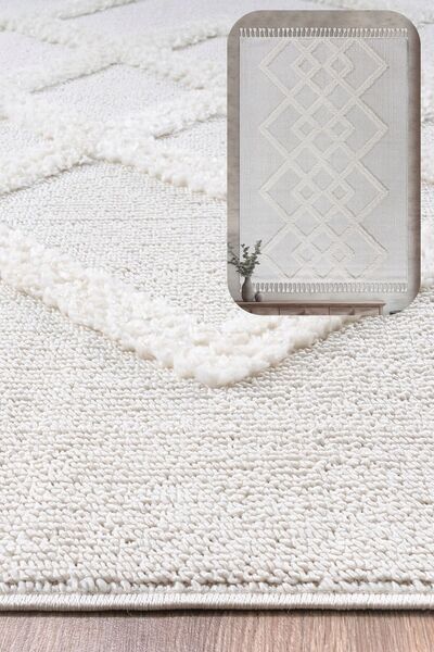 SANRUGS Home & Living Bukleli Yumuşak Peluş Post Krem Beyaz Oturma Odası Salo...