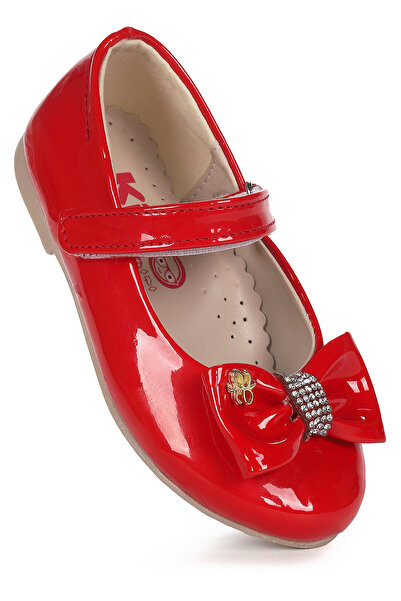 Kiko Kids Withbow Patent Leather Velcro Bow Girls' Ballerina Shoes