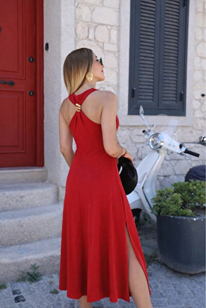 Butik Women's Long Viscose Dress with Open Shoulders, Back Buckle Detail, and...