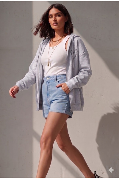 NO 601 Gray Heart Printed Women's Cardigan - Winter Zippered