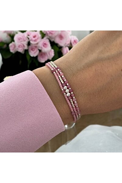 Ezera Χειροποίητο βραχιόλι AZIZA, 3 στρώσεις Miyuki και ροζ τουρμαλίνη με ασήμι