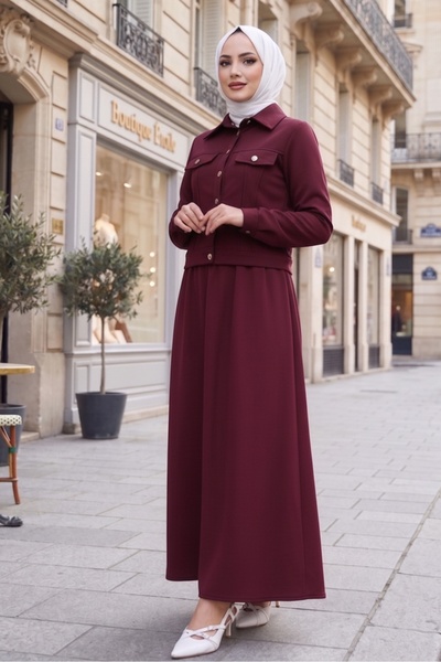 Bestenur Σακάκι Φούστα Σετ Σκούμπα Δύο Τεμαχίων 1614 - Βουργουνδία