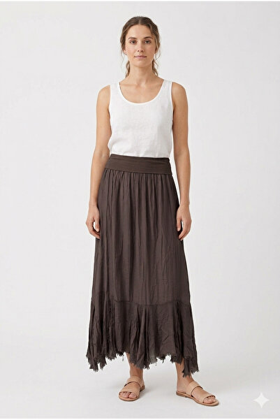 della moor Brown Italian Elastic Waist Skirt with Fringed Hem, Straight Cut, ...