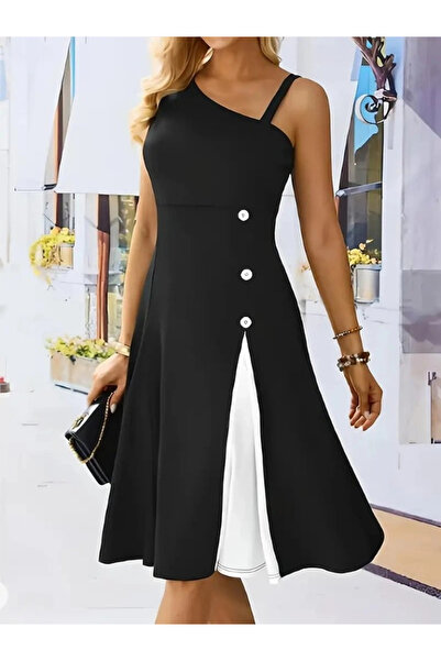 Butik Women's One-Shoulder Stripe Detailed Sleeveless Viscose Dress with Side...