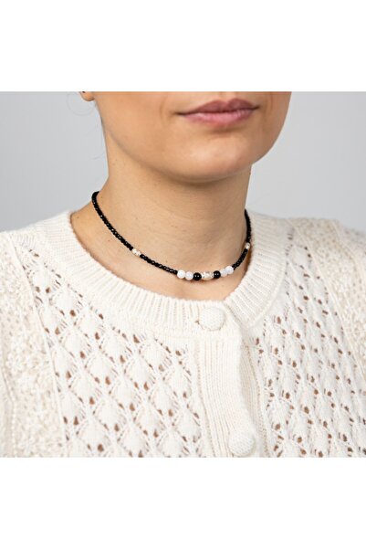 Ezera Κολιέ Choker Shrey από μαύρες πέτρες σπινελίου με αξεσουάρ από ασήμι 925