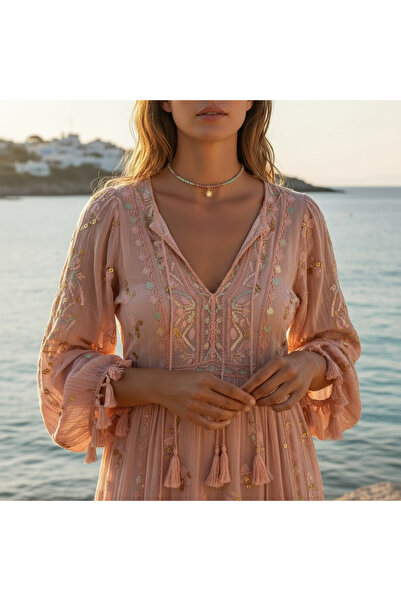 Ezera Χειροποίητο κολιέ choker Solandra με σμαράγδι και ροζ κρυστάλλους τουρμ...