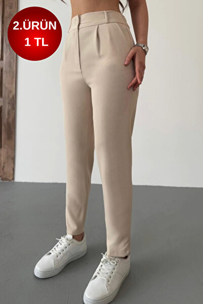 BİKELİFE Γυναικείο υφασμάτινο παντελόνι με ψηλόμεσο ελαστικό καρότο