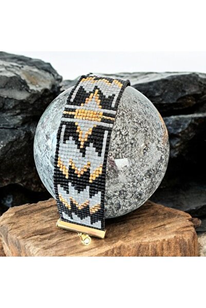 Ezera Γυναικείο φαρδύ βραχιόλι σε χρυσό, μαύρο και γκρι χρώμα, χειροποίητο με...