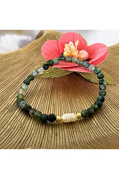 Ezera Βραχιόλι Samanta με κρυστάλλους Moss Agate και μαργαριτάρι