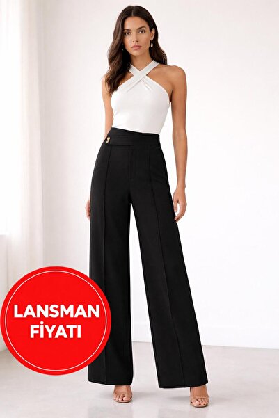 YZB FASHİON Yüksek Bel Çift Düğme Detaylı Trend Palazzo Kadın Pantolon