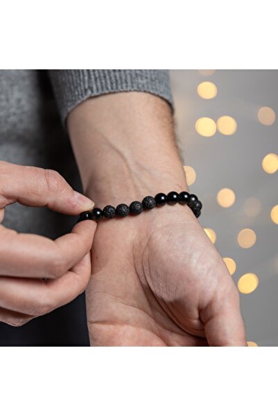 Ezera Ανδρικό βραχιόλι Amir από ημιπολύτιμους λίθους οψιδιανού και λάβας, χάν...