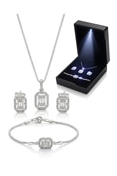 vüs jewel Baget Pırlanta Modeli Kolye Küpe Bileklik Set Işıklı Kutuda Özel Pa...