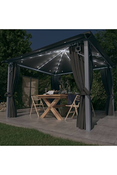 Concept Pavilion cu perdele & șiruri lumini LED antracit 3x3 m aluminiu