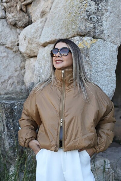 bytugcekaya Καφέ Λεπτό Κοντό Παλτό Στάνταρ Μέγεθος