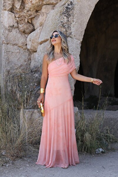 bytugcekaya Ροδακινί Tie Dye Μοτίβο με έναν ώμο Maxi τούλι φόρεμα