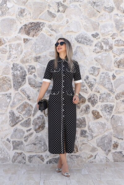 bytugcekaya Μαύρο φόρεμα με πουά και λεπτές ρίγες