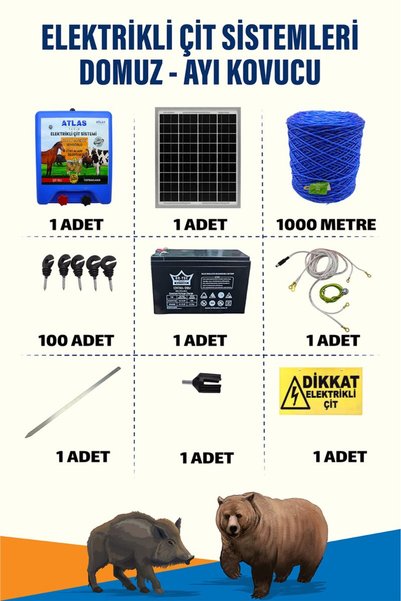 ATLAS ÜRÜNLERİ 1000mt 5-15 Dönüm 12V Akü ve 25W Güneş Panelli Elektrikli Çit Sistemi – 5 Yıl Garanti